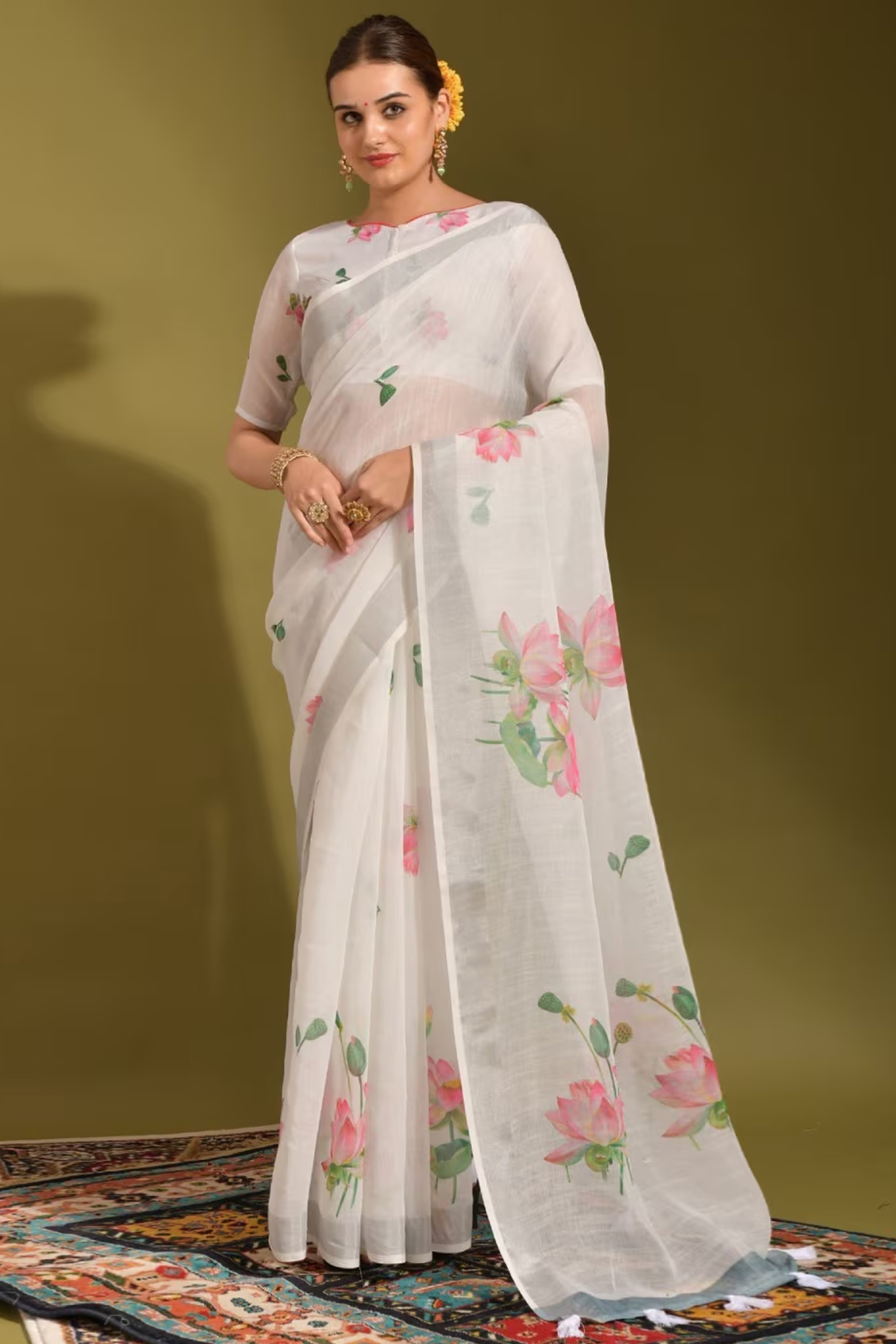Ethereal White Linen Saree with Floral Print & Tassel Detail