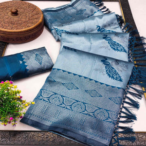 Blue Banarasi Silk Saree Featuring Zari Weaving Peacock Pattern & Luxe Tassels