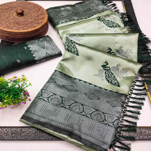Light Green Banarasi Silk Saree Featuring Zari Weaving Peacock Pattern & Luxe Tassels