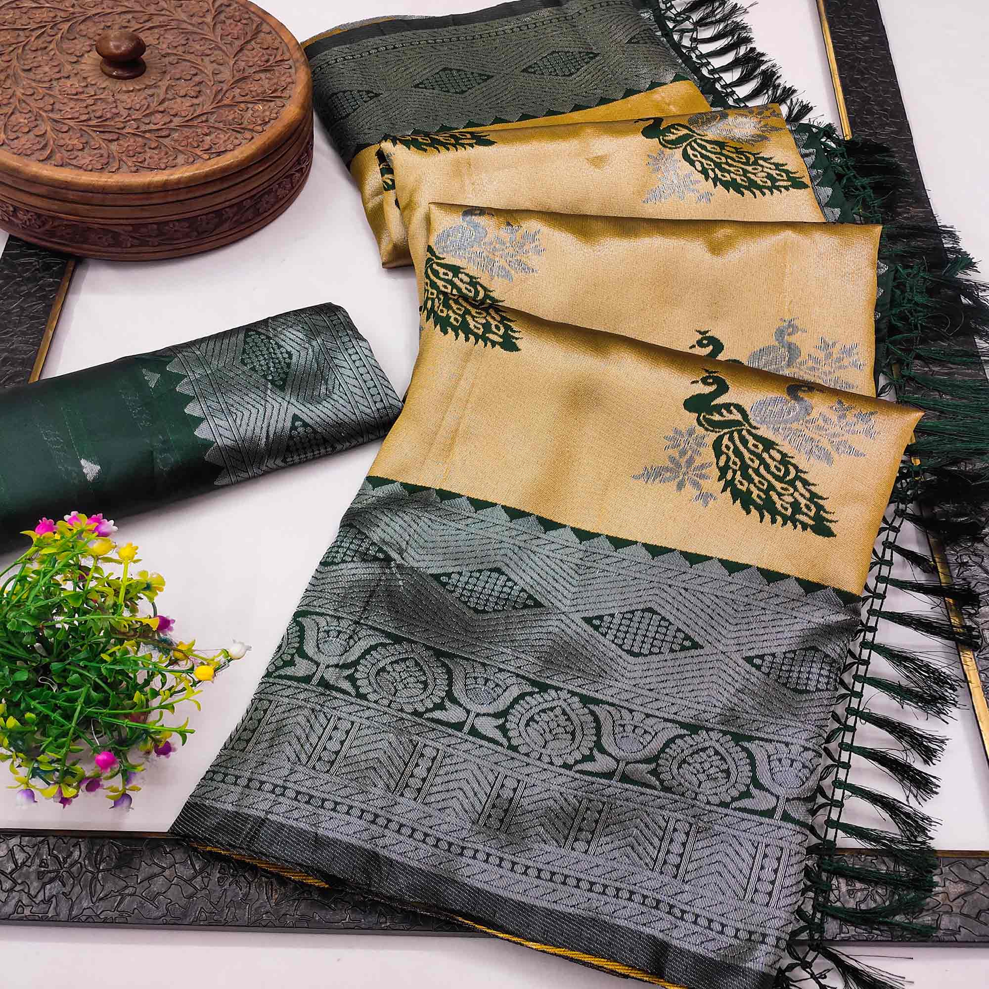 Mustard Banarasi Silk Saree Featuring Zari Weaving Peacock Pattern & Luxe Tassels