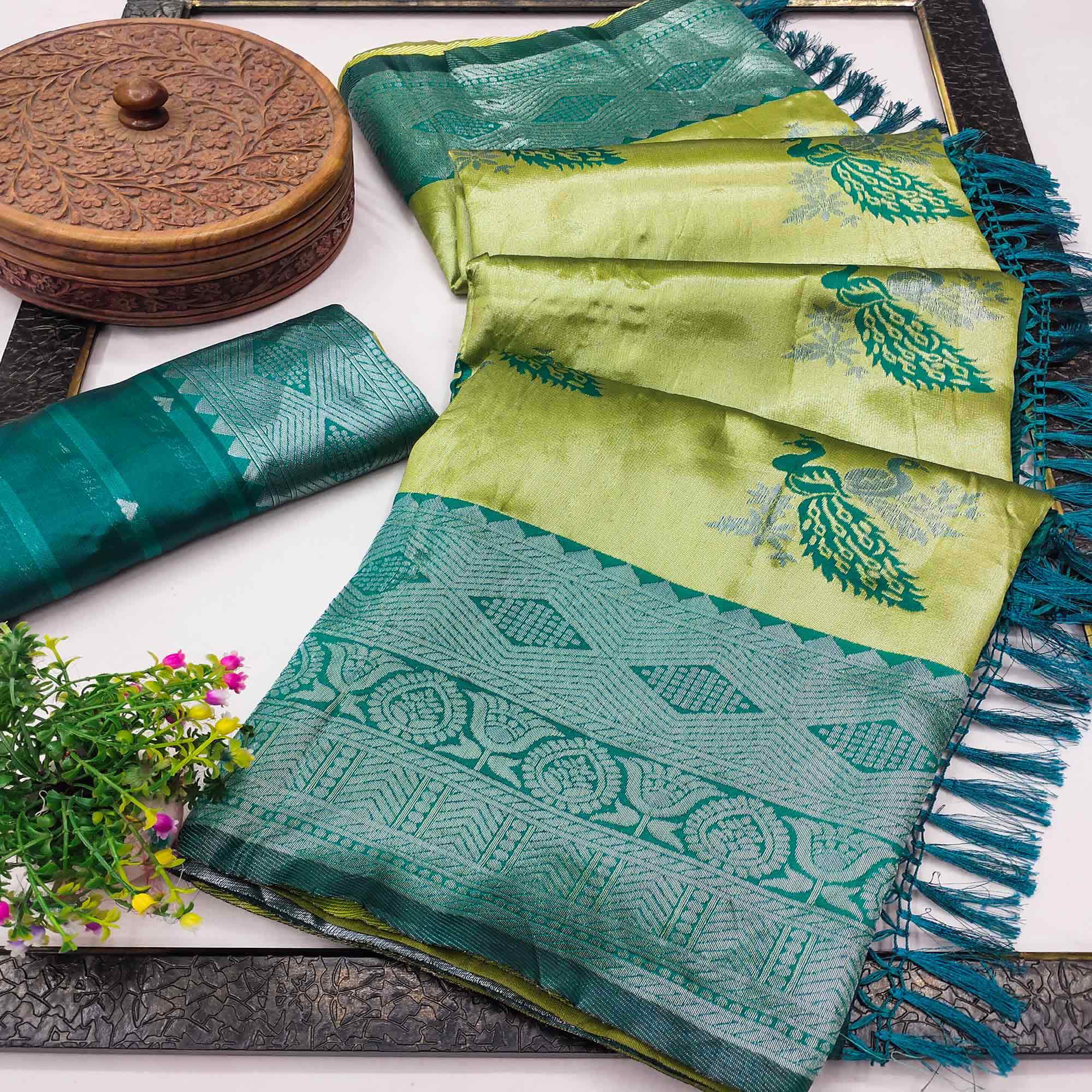 Parrot Green Banarasi Silk Saree Featuring Zari Weaving Peacock Pattern & Luxe Tassels