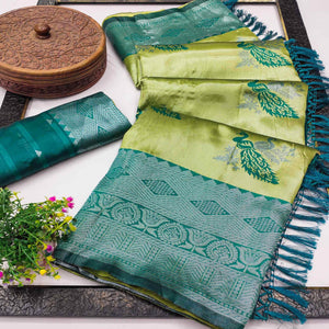Parrot Green Banarasi Silk Saree Featuring Zari Weaving Peacock Pattern & Luxe Tassels