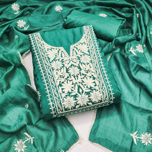 Sea Green Blossom Embroidered Viscose Fabric for Effortless Style