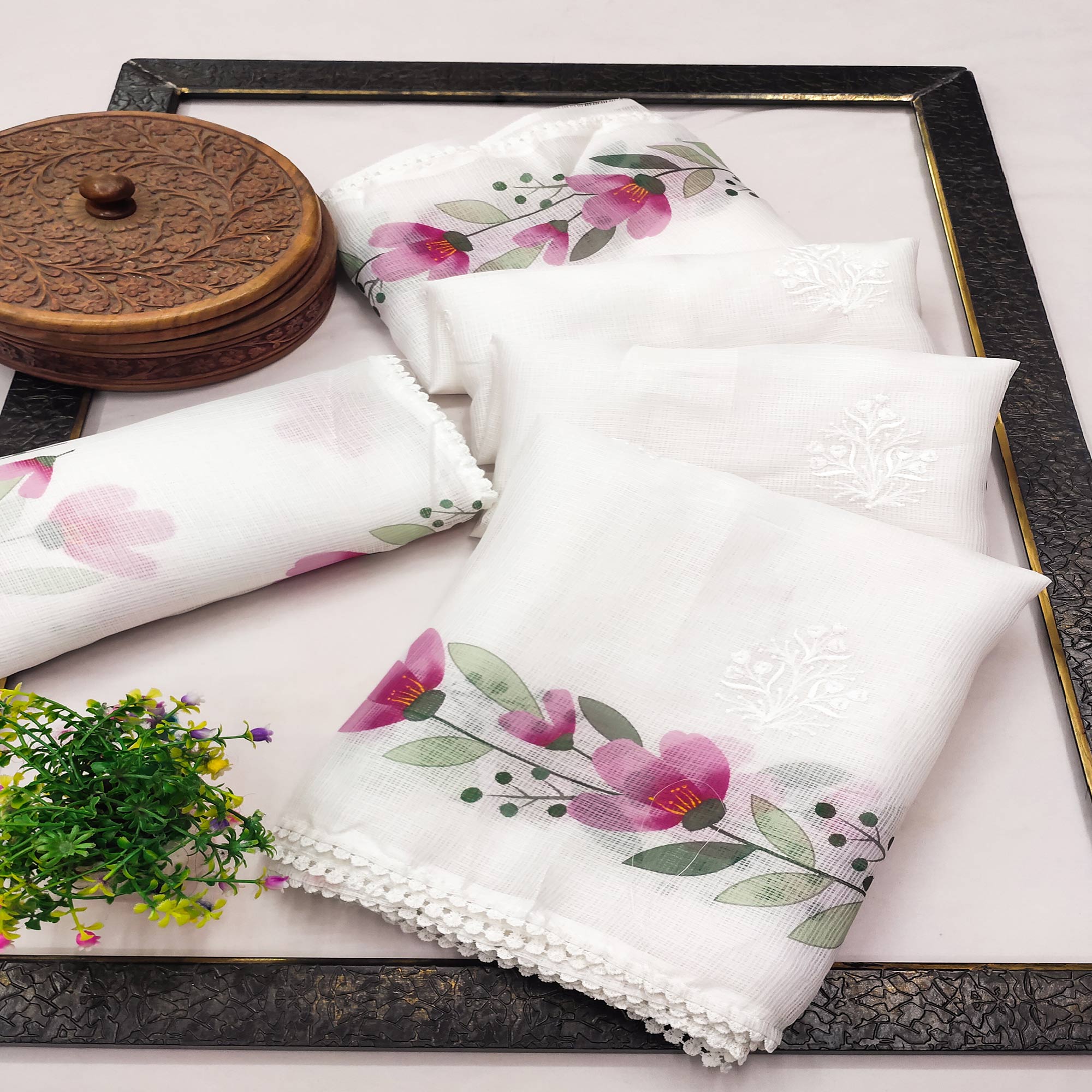 Elegant White Floral Printed Kota Doria Saree with Embroidered Detailing