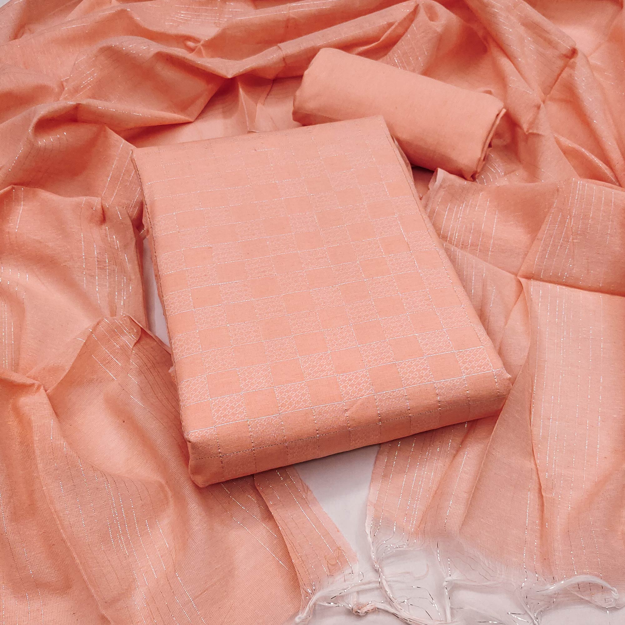 Soft and Breathable Pure Cotton Dress Material in Peach with Timeless Checkered Design