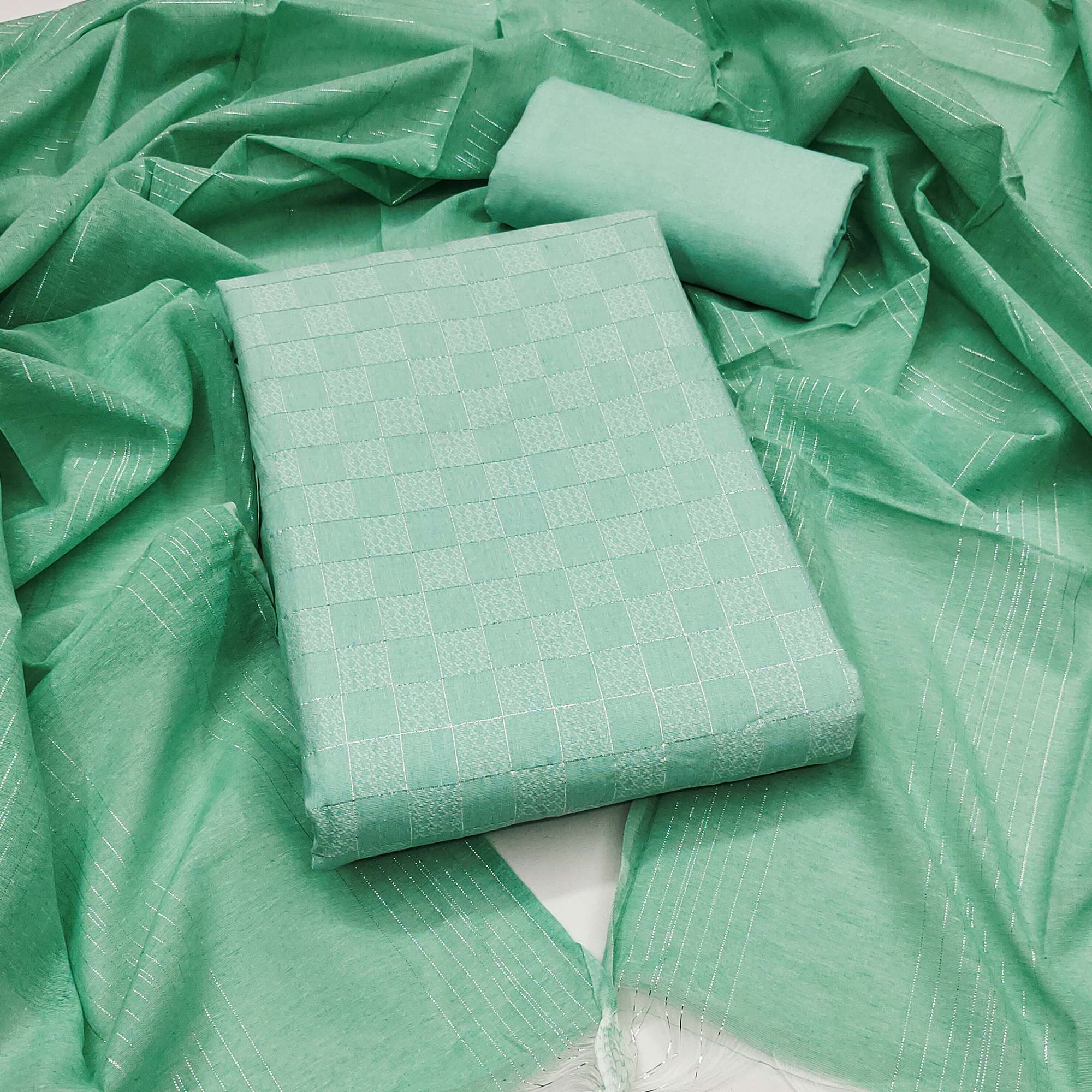 Soft and Breathable Pure Cotton Dress Material in Sea Green with Timeless Checkered Design