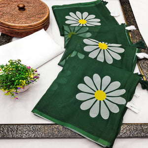 Dark Green Georgette Saree Featuring Delicate Floral Prints & Tassels Pallu