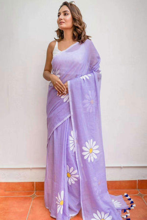 Lavender Georgette Saree Featuring Delicate Floral Prints & Tassels Pallu