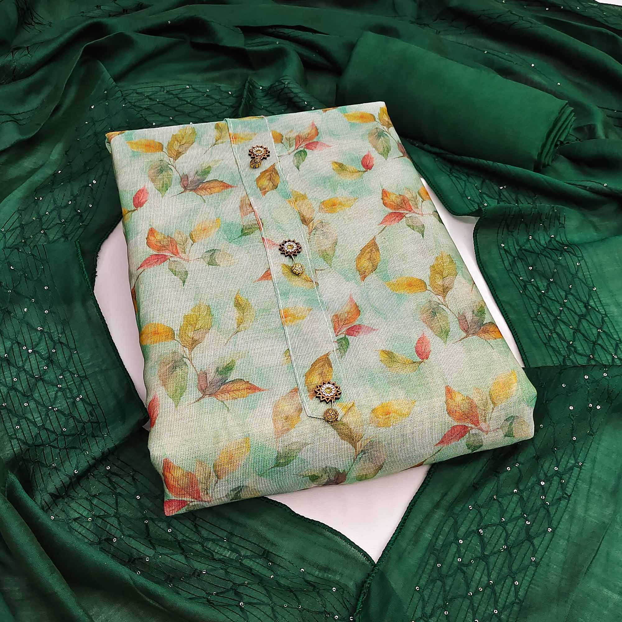 Light Green Linen Dress Material with Floral Prints for Everyday Elegance