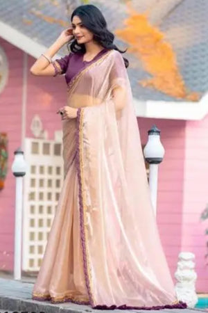 Beige Solid Tissue Saree Enhanced With Graceful Embroidered Lace Border Work
