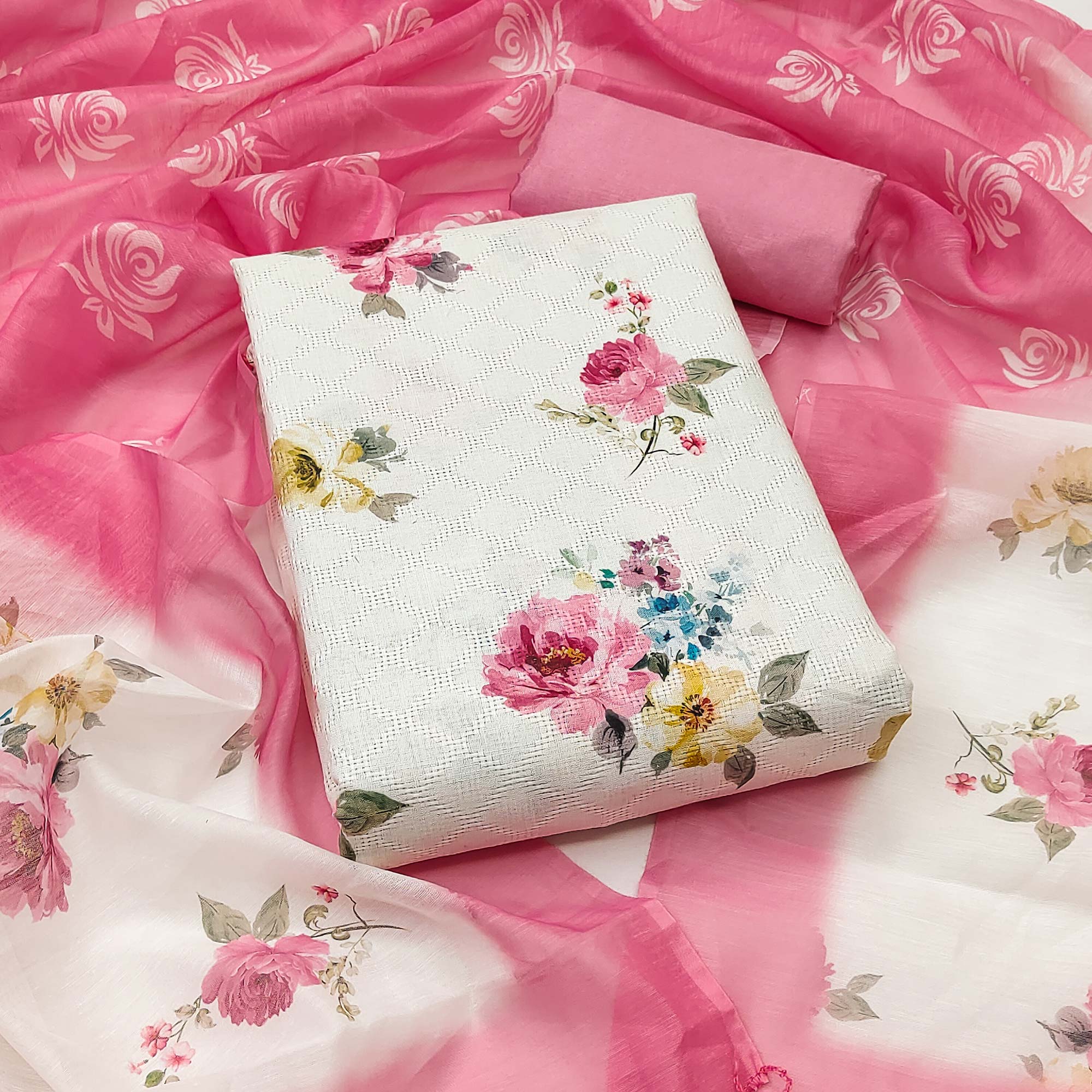 White Poly Cotton Blend Dress Material With Glimmering Floral Print