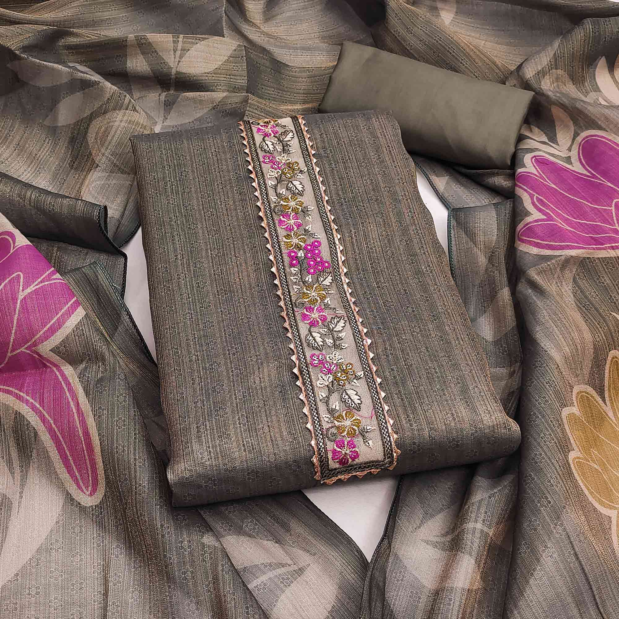 Grey Art Silk Dress Material Adorned with Soft Floral Prints for a Regal Ethnic Touch