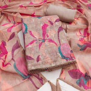 Brown Linen Dress Material Adorned with Artistic Floral Print and Elegant Thread Embroidery