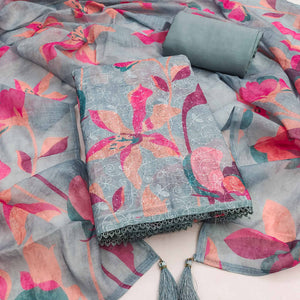 Grey Linen Dress Material Adorned with Artistic Floral Print and Elegant Thread Embroidery