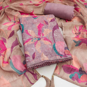 Mauve Linen Dress Material Adorned with Artistic Floral Print and Elegant Thread Embroidery