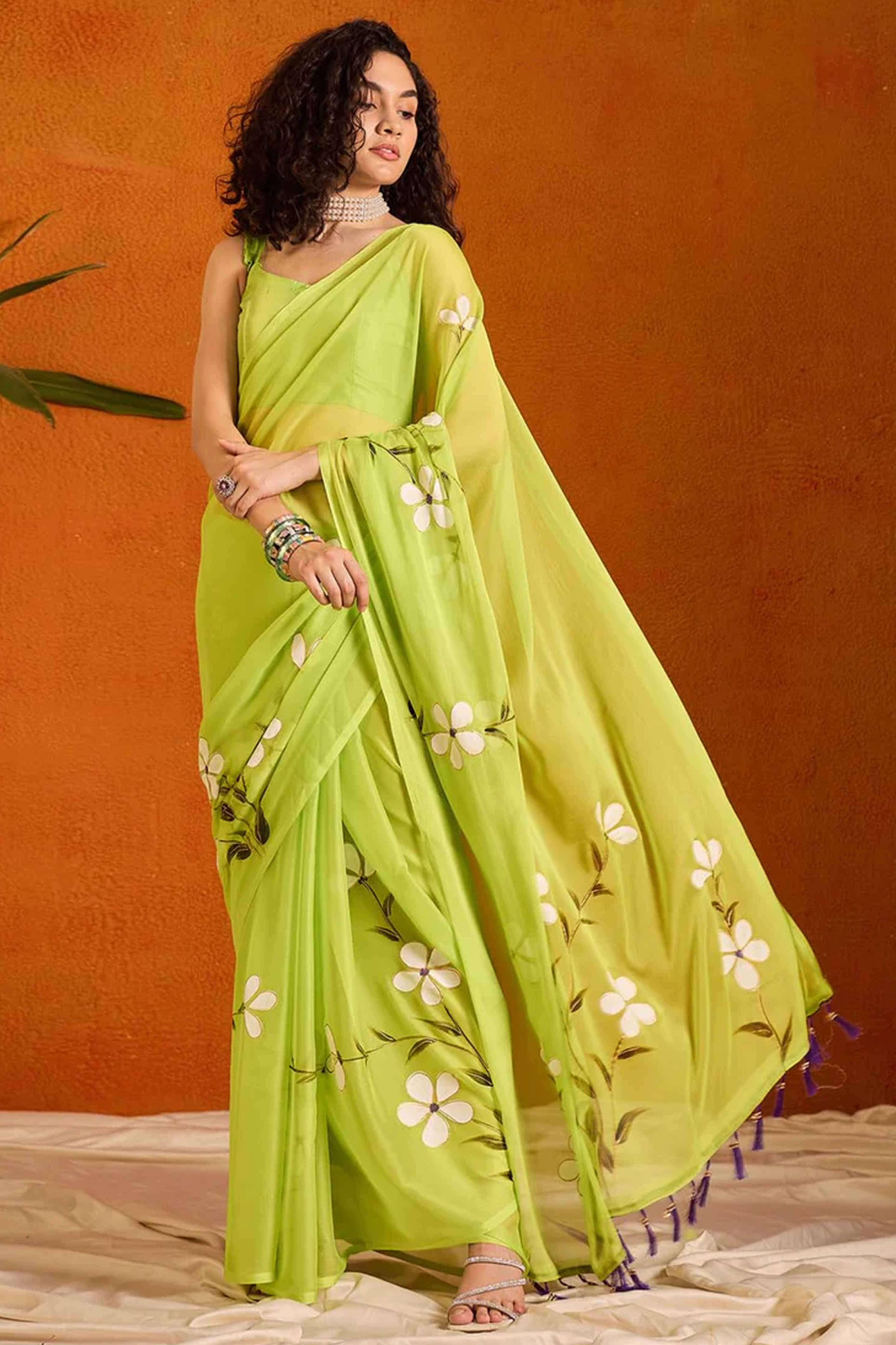 Trendy Lime Green Floral Print Fancy Saree in Airy Chiffon with Elegant Tassel Highlights