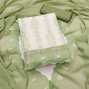 Premium Georgette Dress Material in Green & Cream with Refined Floral Embroidery