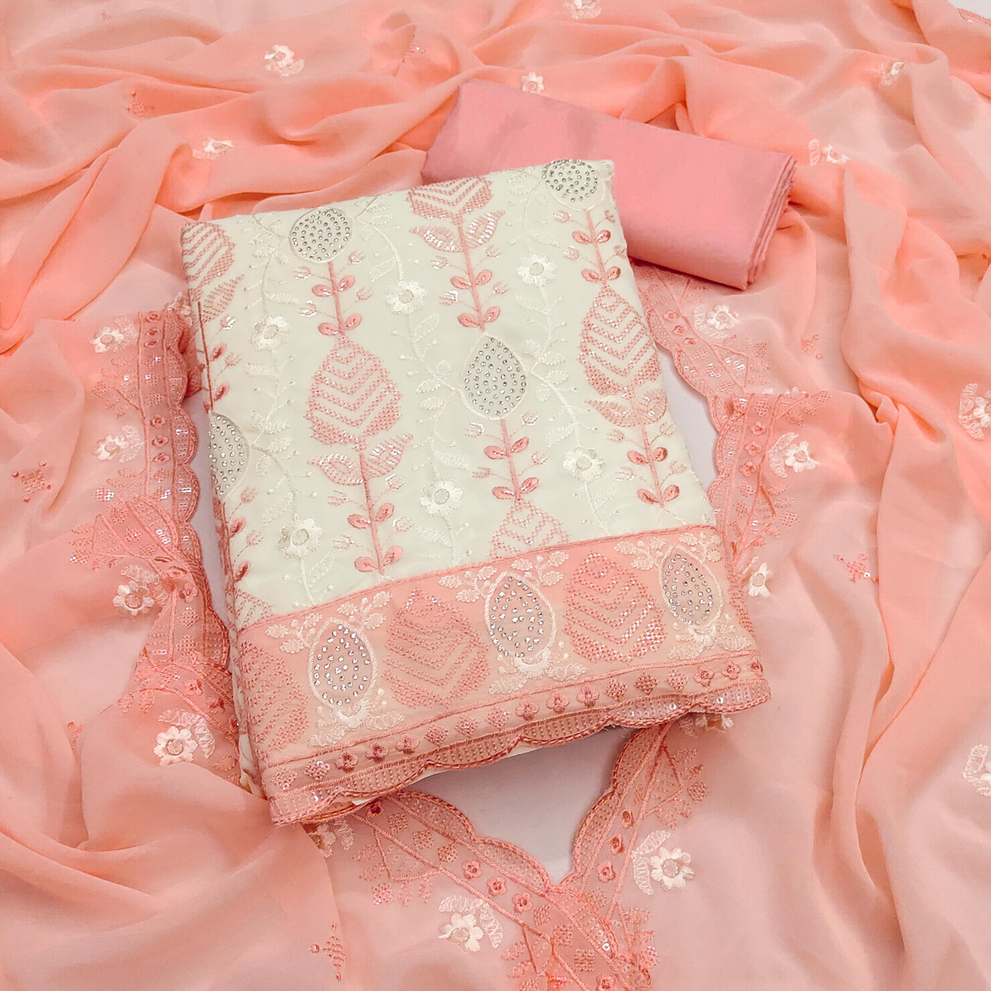 Premium Georgette Dress Material in Peach & Cream with Refined Floral Embroidery