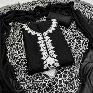 Black Unstitched Georgette Dress Material Featuring Thread Detailing