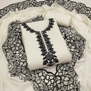 Off White Unstitched Georgette Dress Material Featuring Thread Detailing