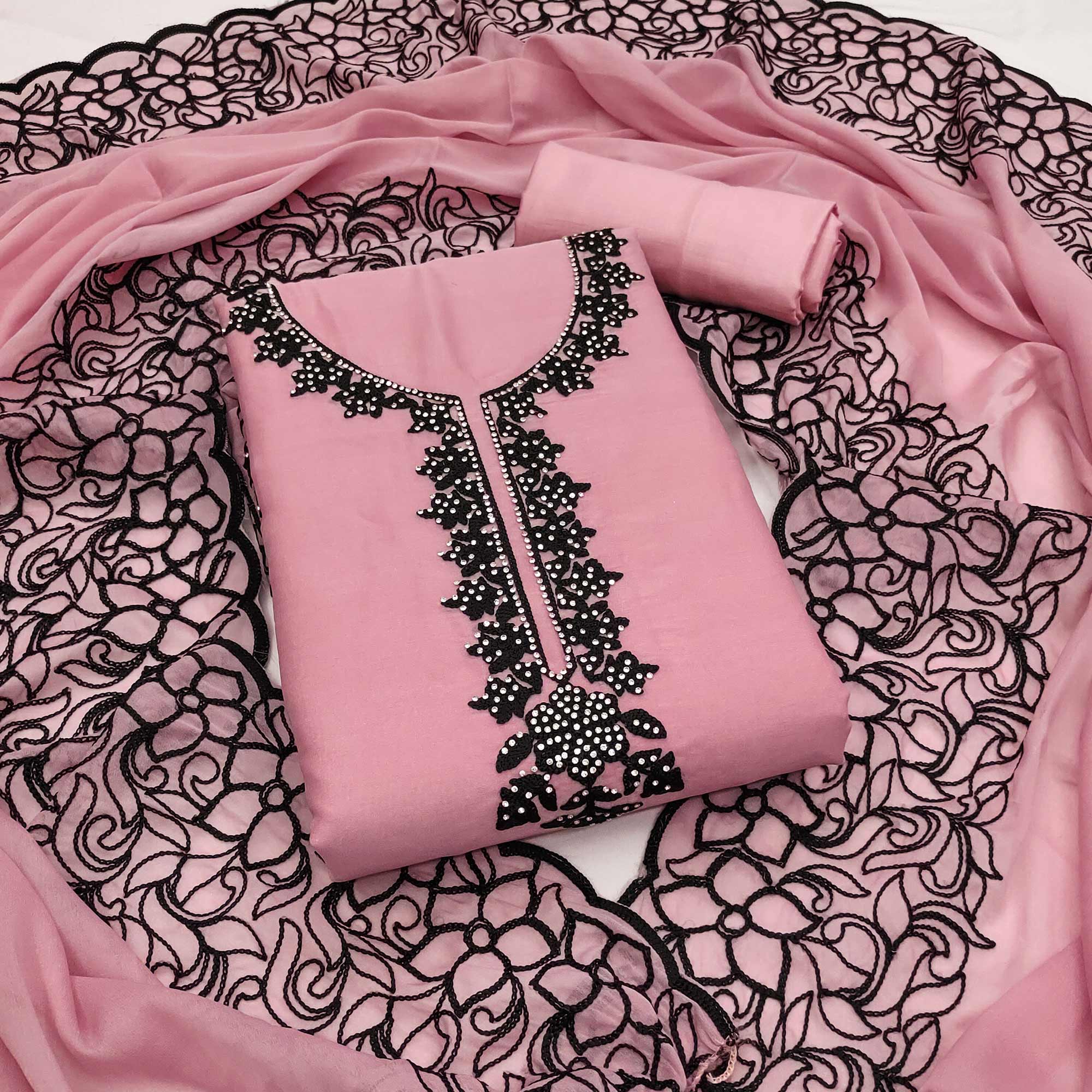 Pink Unstitched Georgette Dress Material Featuring Thread Detailing