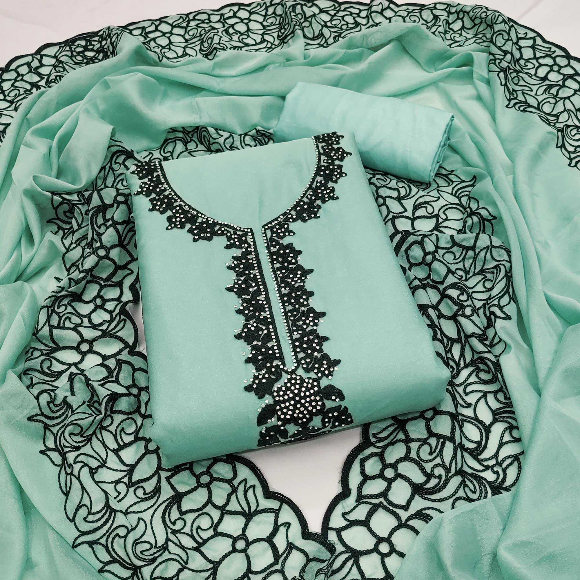 Sea Green Unstitched Georgette Dress Material Featuring Thread Detailing