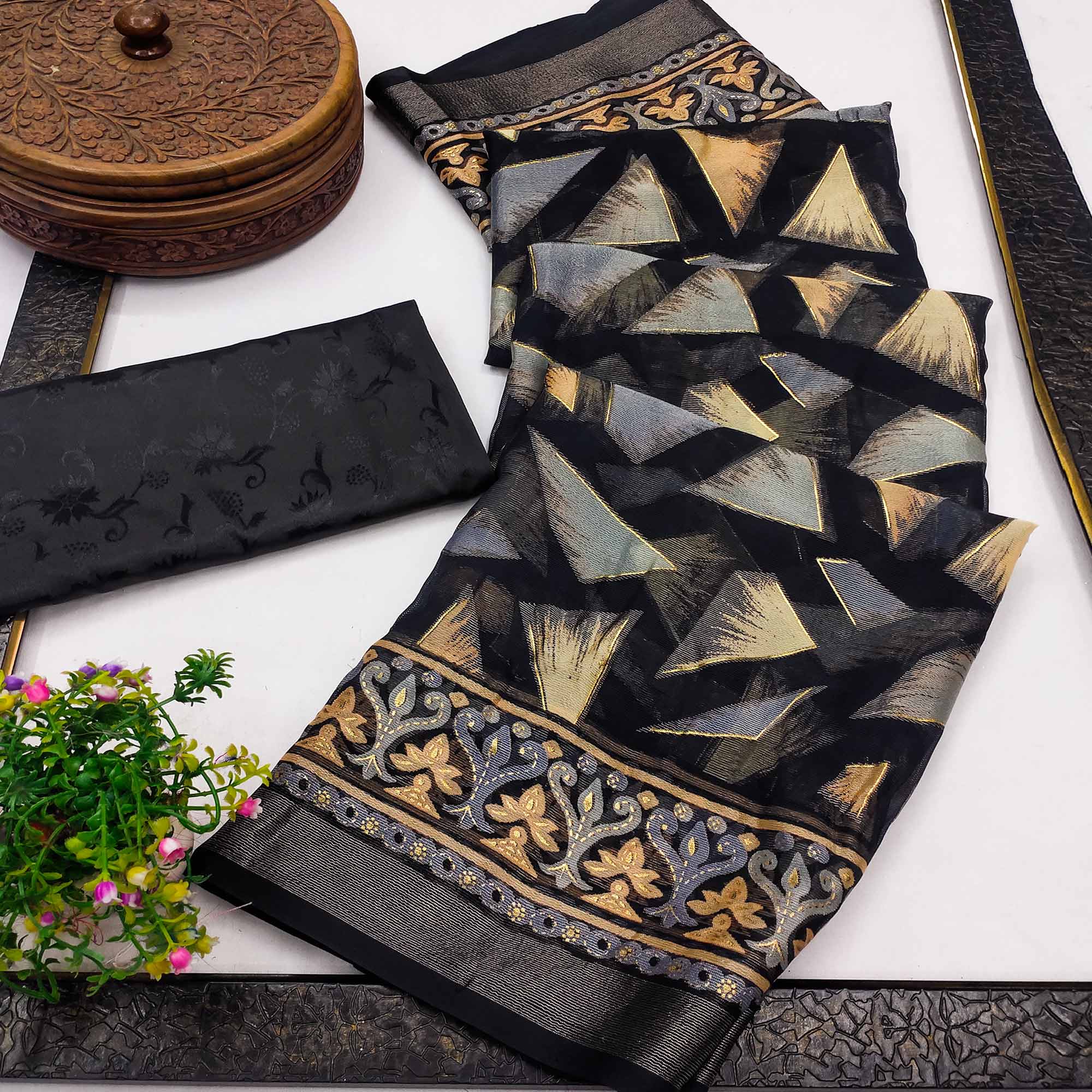 Black Saree in Brasso with Contemporary Geometric Print