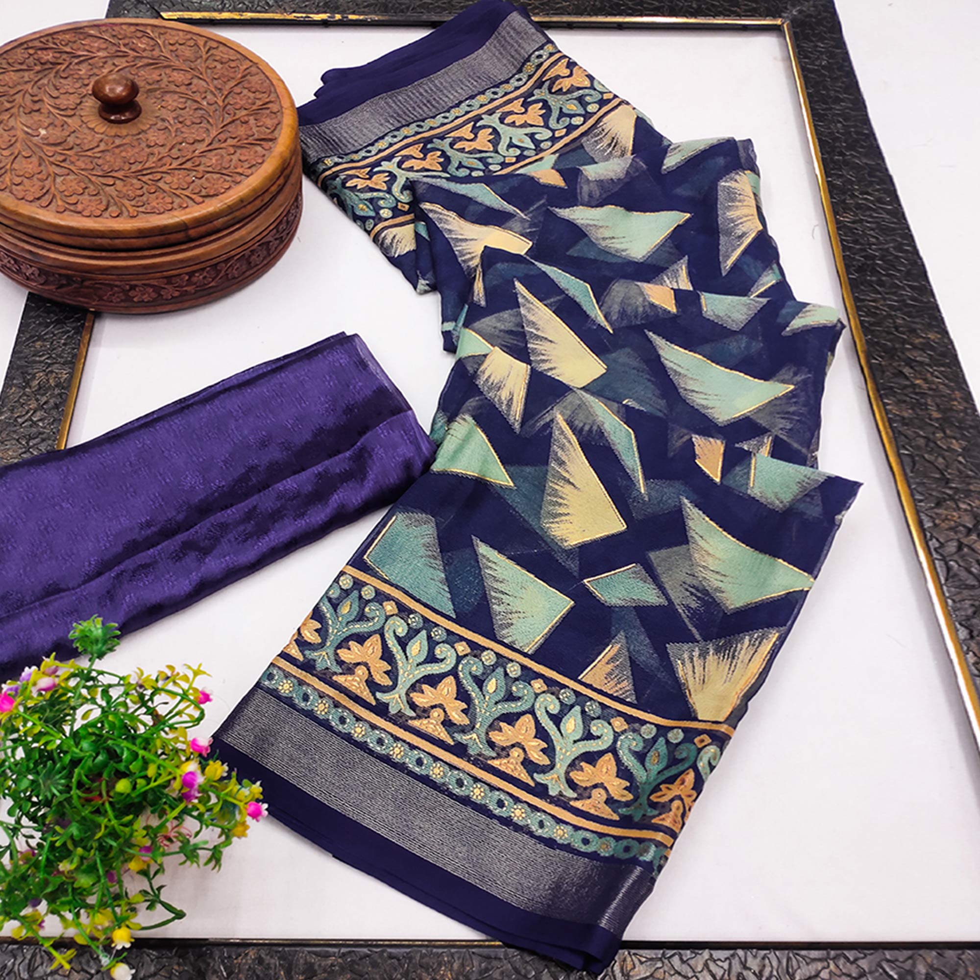 Blue Saree in Brasso with Contemporary Geometric Print