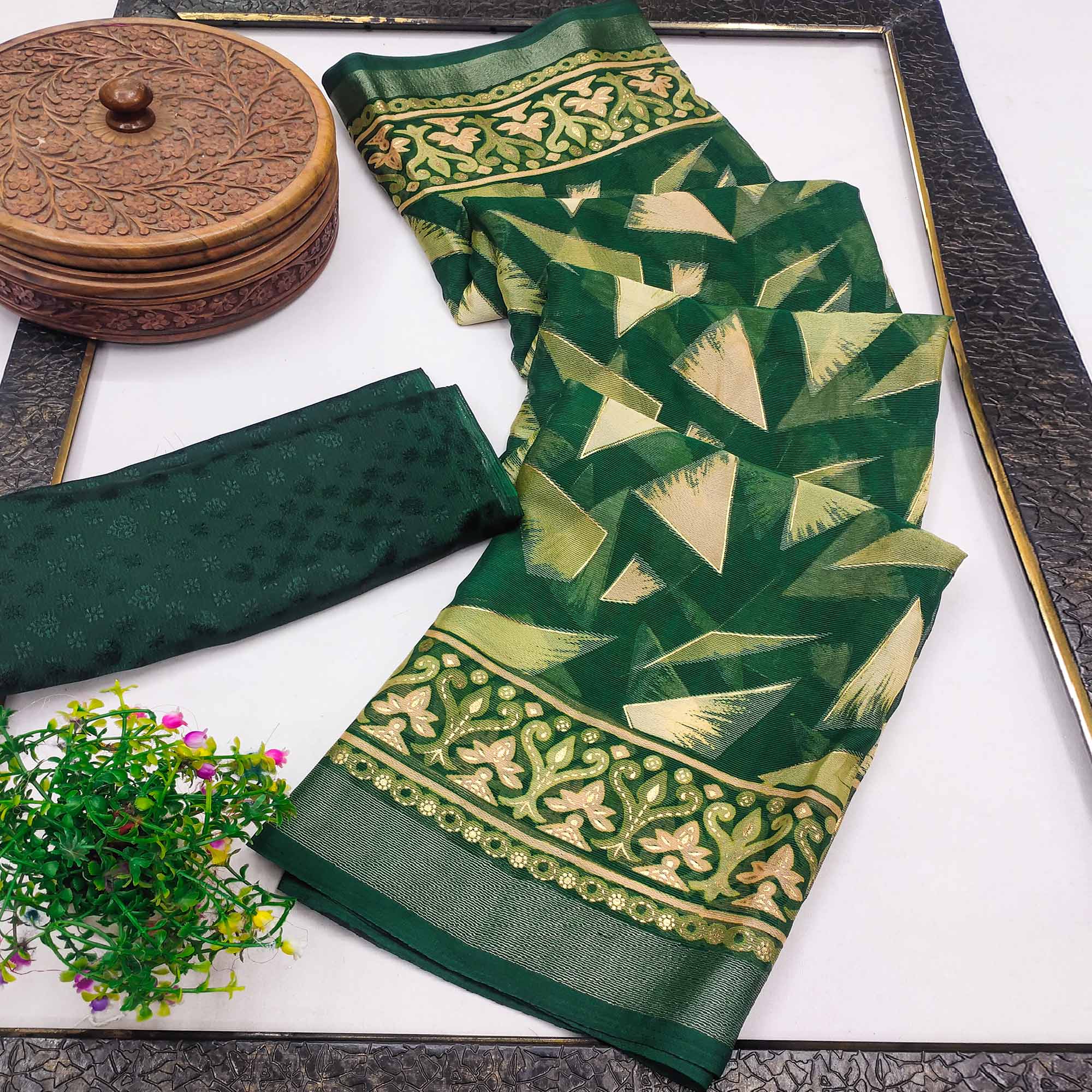 Green Saree in Brasso with Contemporary Geometric Print
