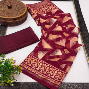 Maroon Saree in Brasso with Contemporary Geometric Print