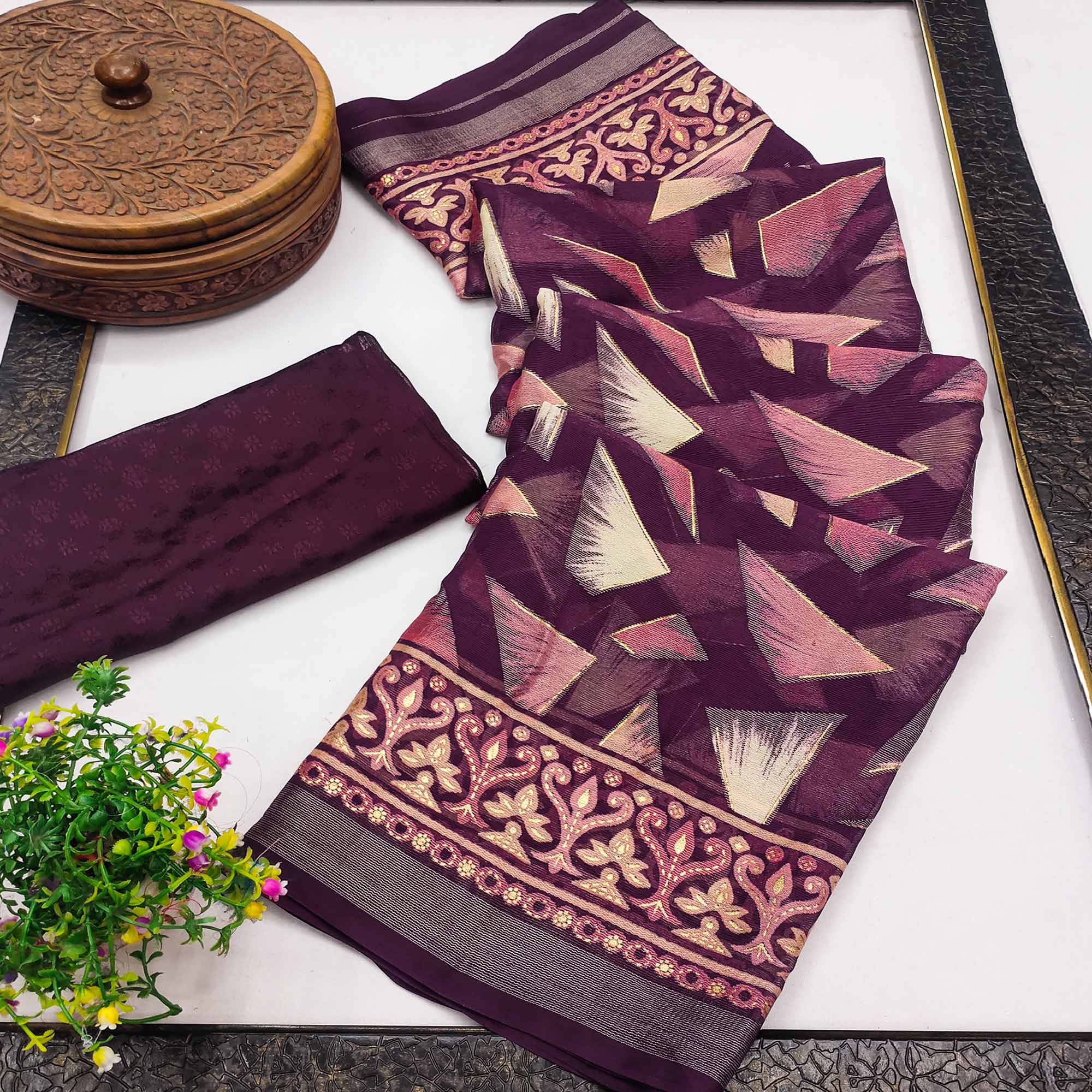 Wine Saree in Brasso with Contemporary Geometric Print