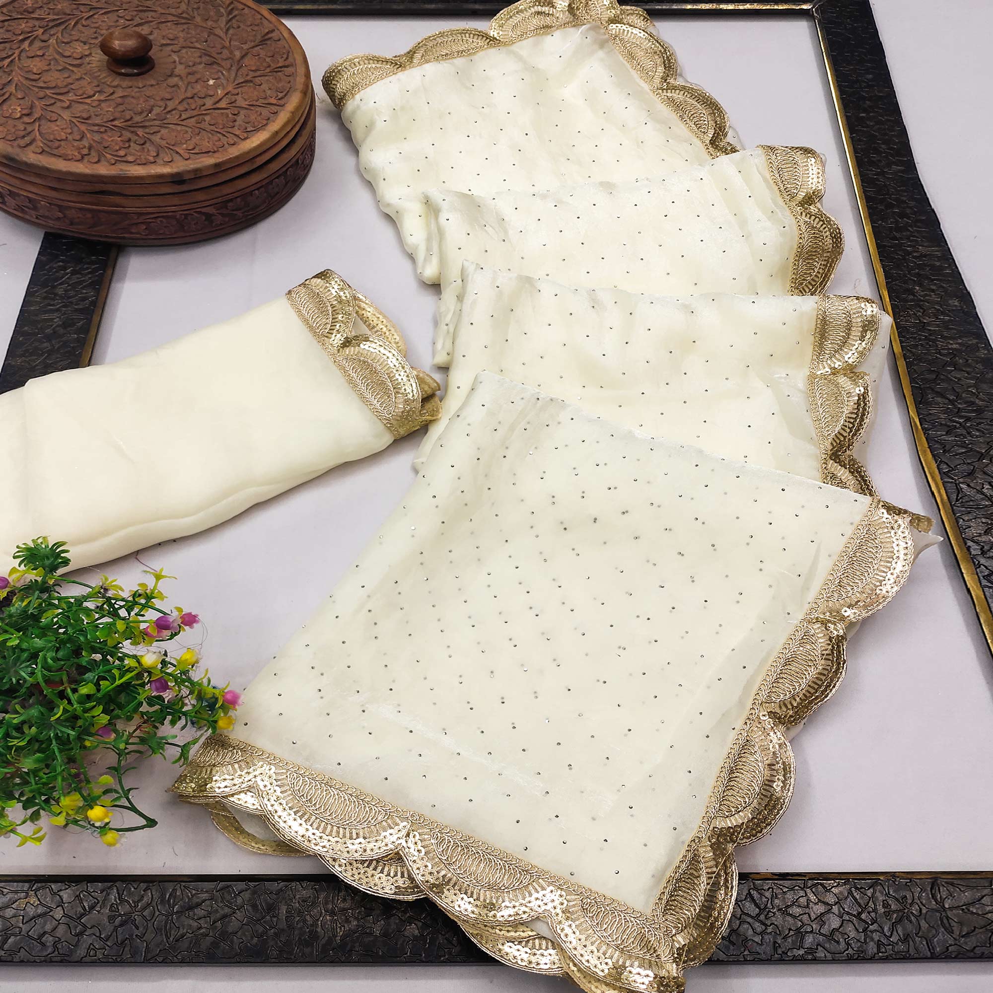 Designer Cream Satin Drape with Fine Sequins Embellishment