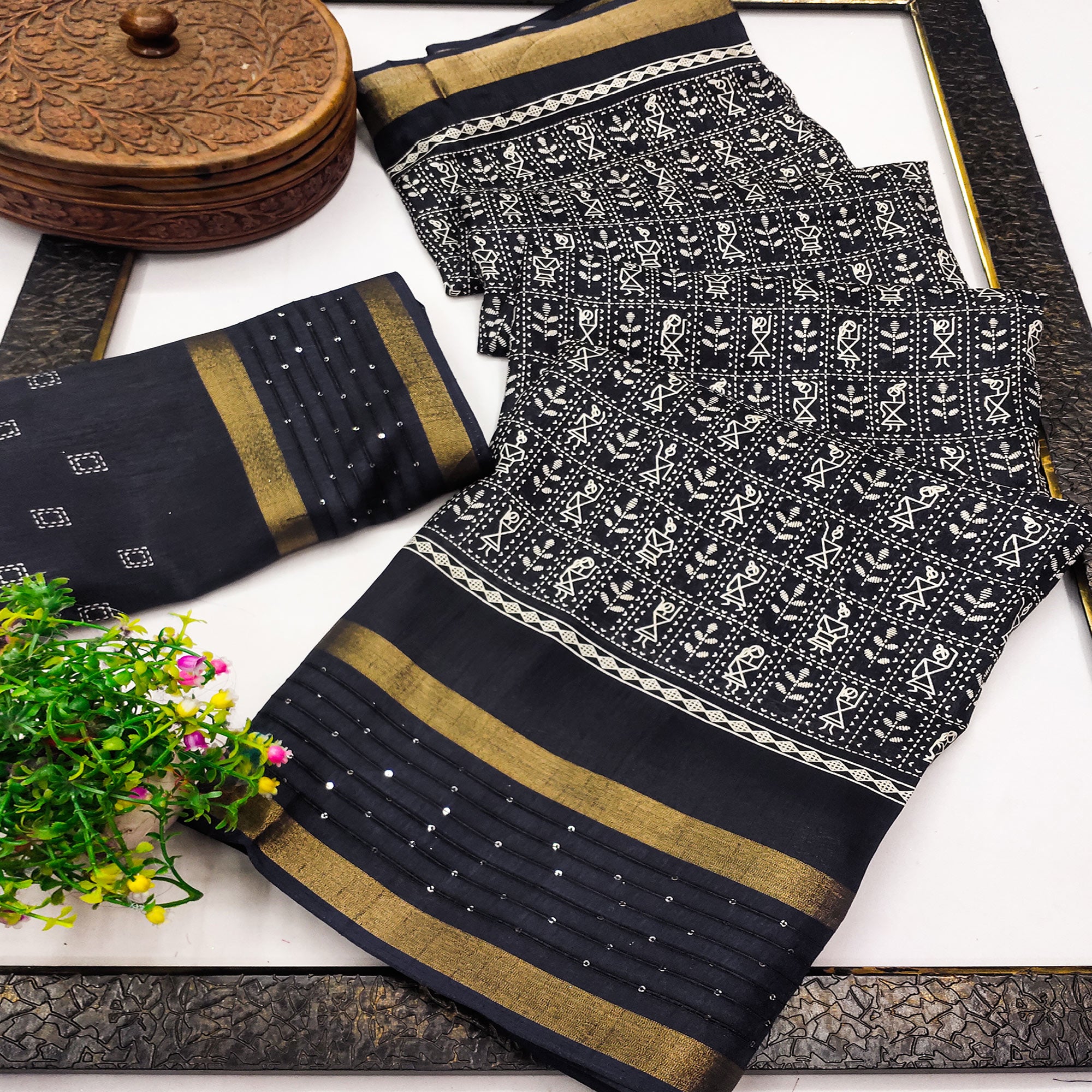Black Printed Dola Silk Saree Showcasing Warli Heritage Patterns