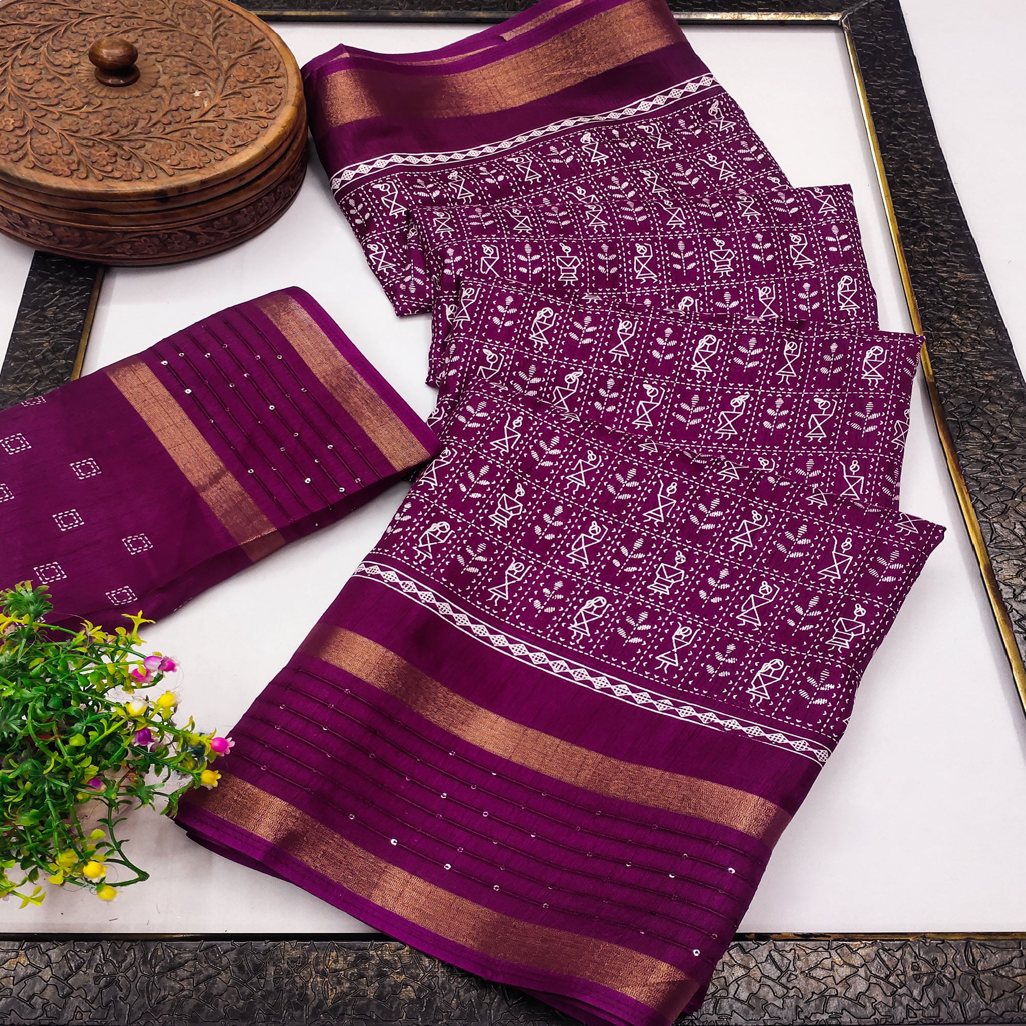 Plum Purple Printed Dola Silk Saree Showcasing Warli Heritage Patterns