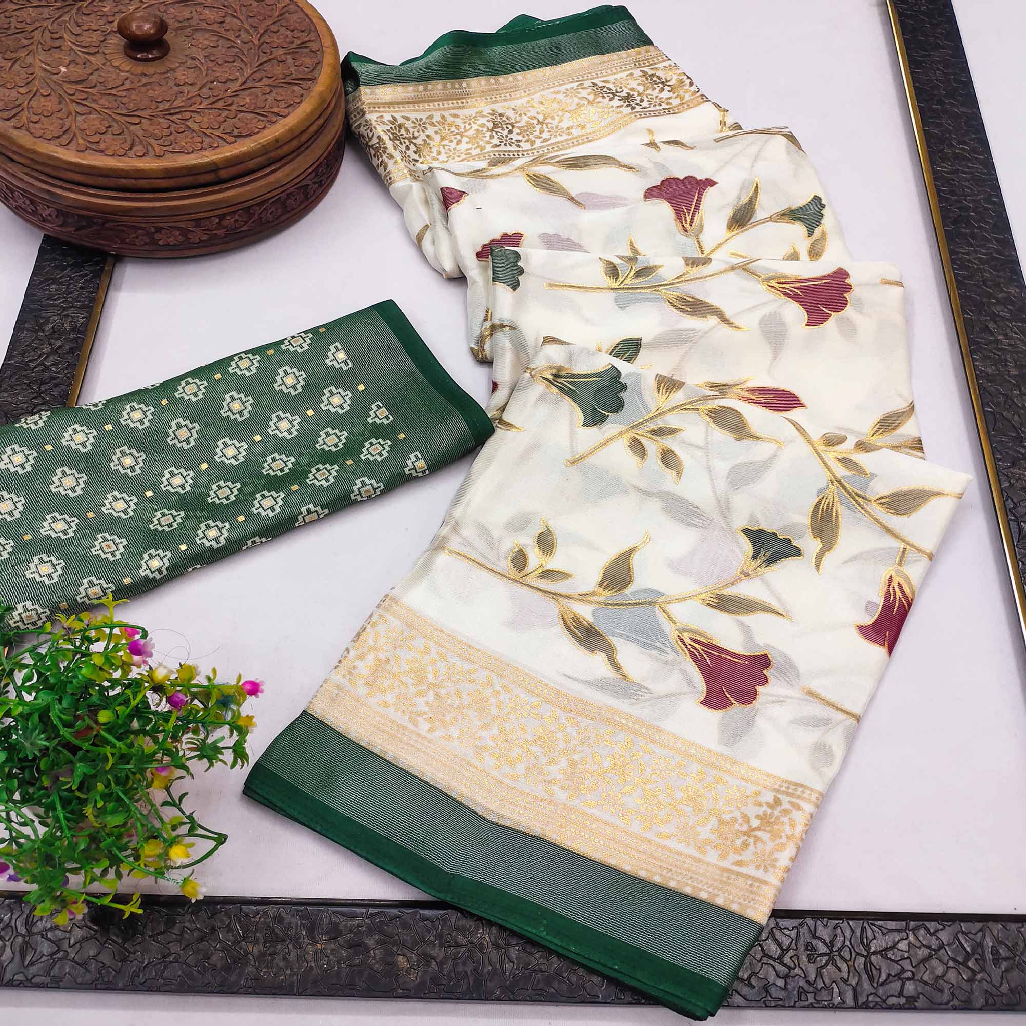 Green Sheer Brasso Saree Embellished with Floral Foil Print