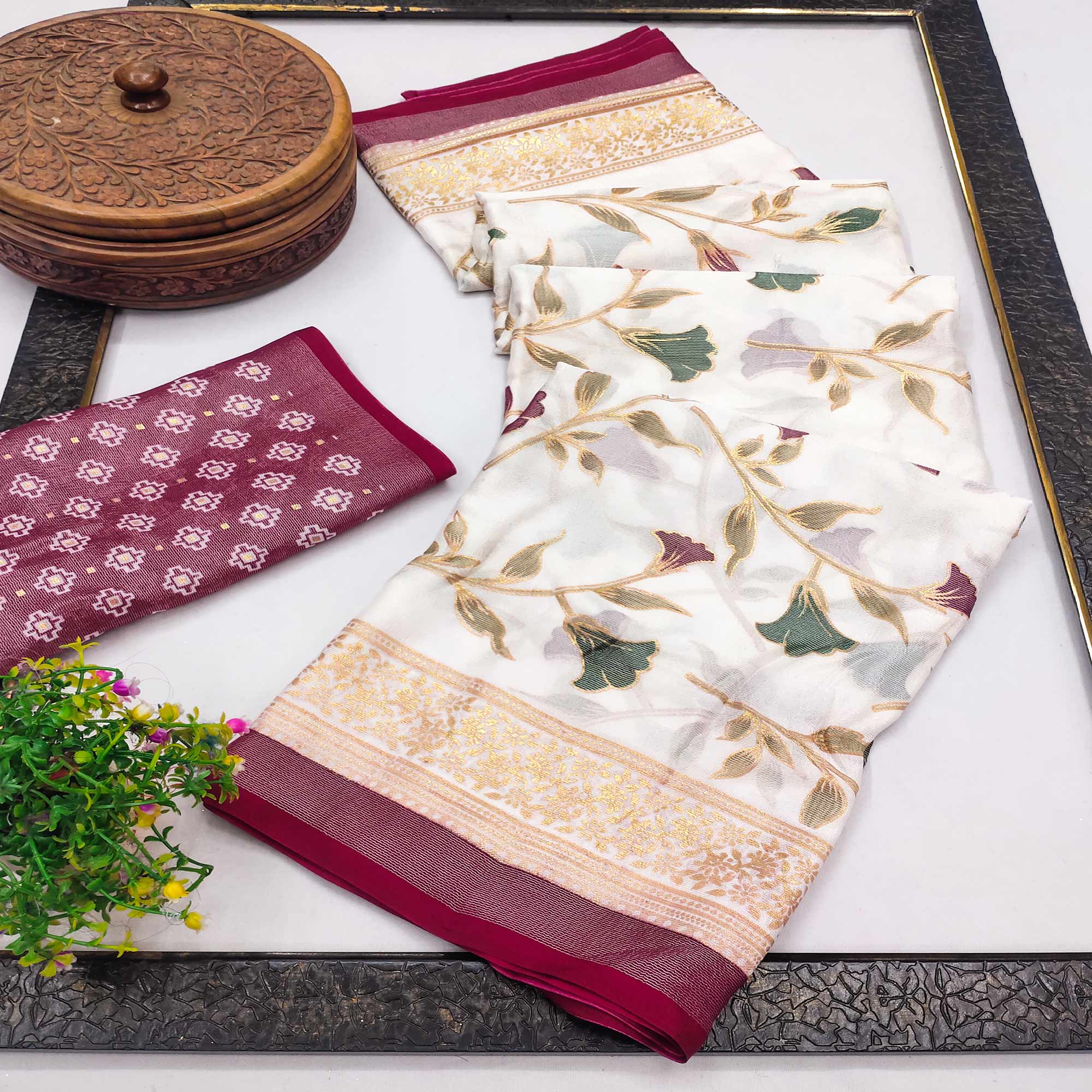 Magenta Sheer Brasso Saree Embellished with Floral Foil Print