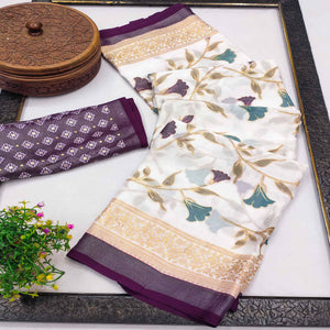 Purple Sheer Brasso Saree Embellished with Floral Foil Print
