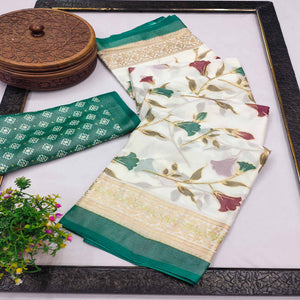 Rama Green Sheer Brasso Saree Embellished with Floral Foil Print