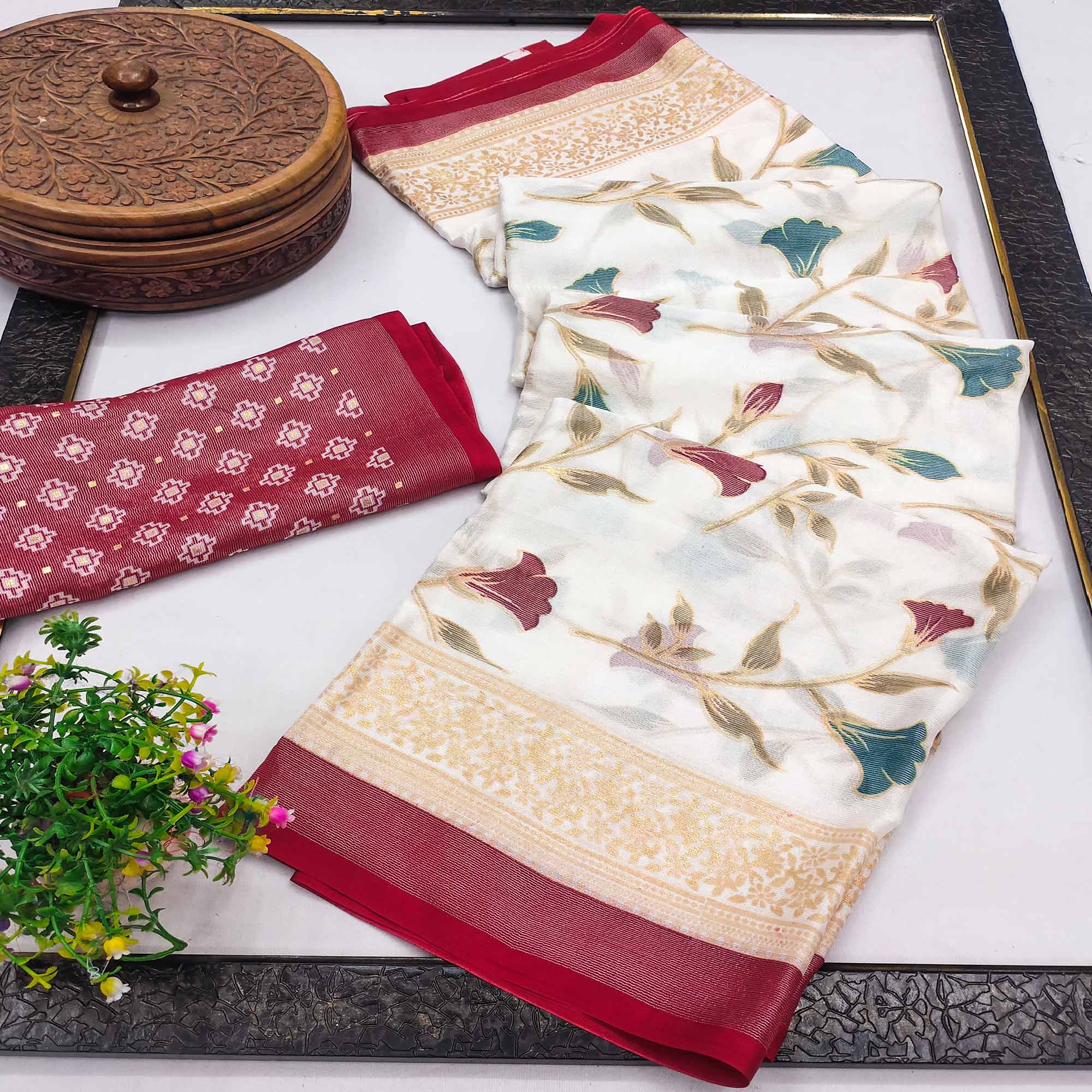 Red Sheer Brasso Saree Embellished with Floral Foil Print