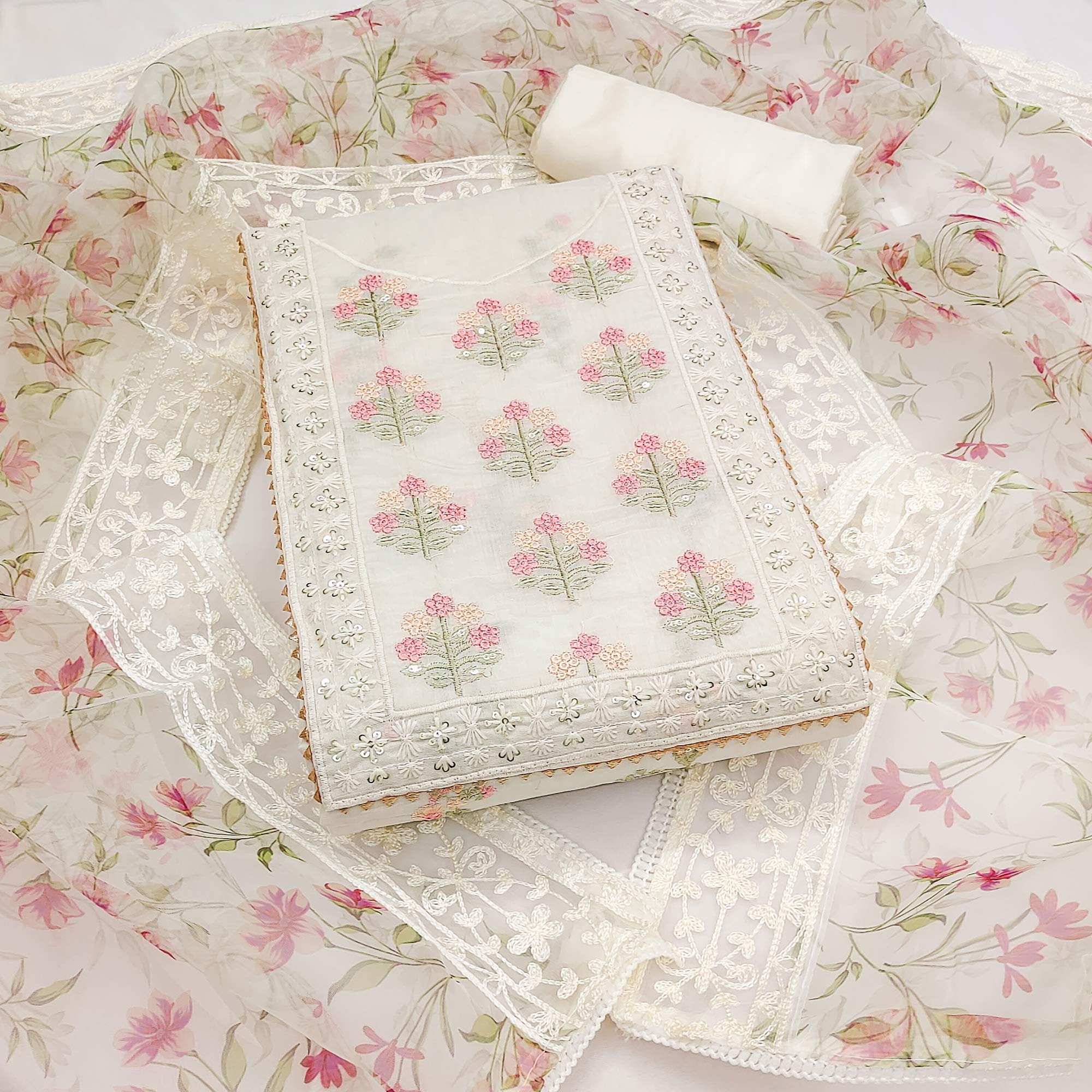 Off white Floral Heavy Embroidered Chanderi Silk Dress Material