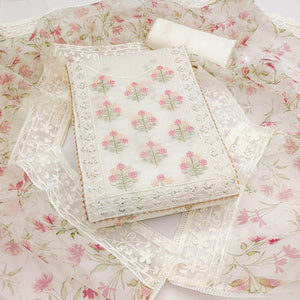Off white Floral Heavy Embroidered Chanderi Silk Dress Material