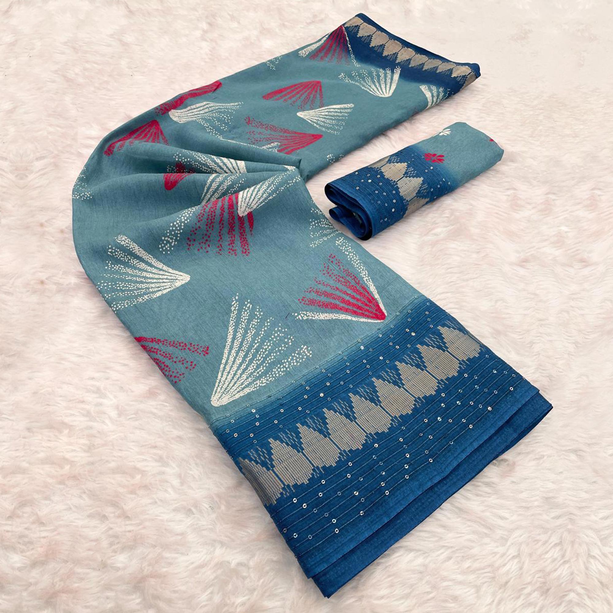 Blue Printed Dola Silk Saree with Contrast Woven Border Charm