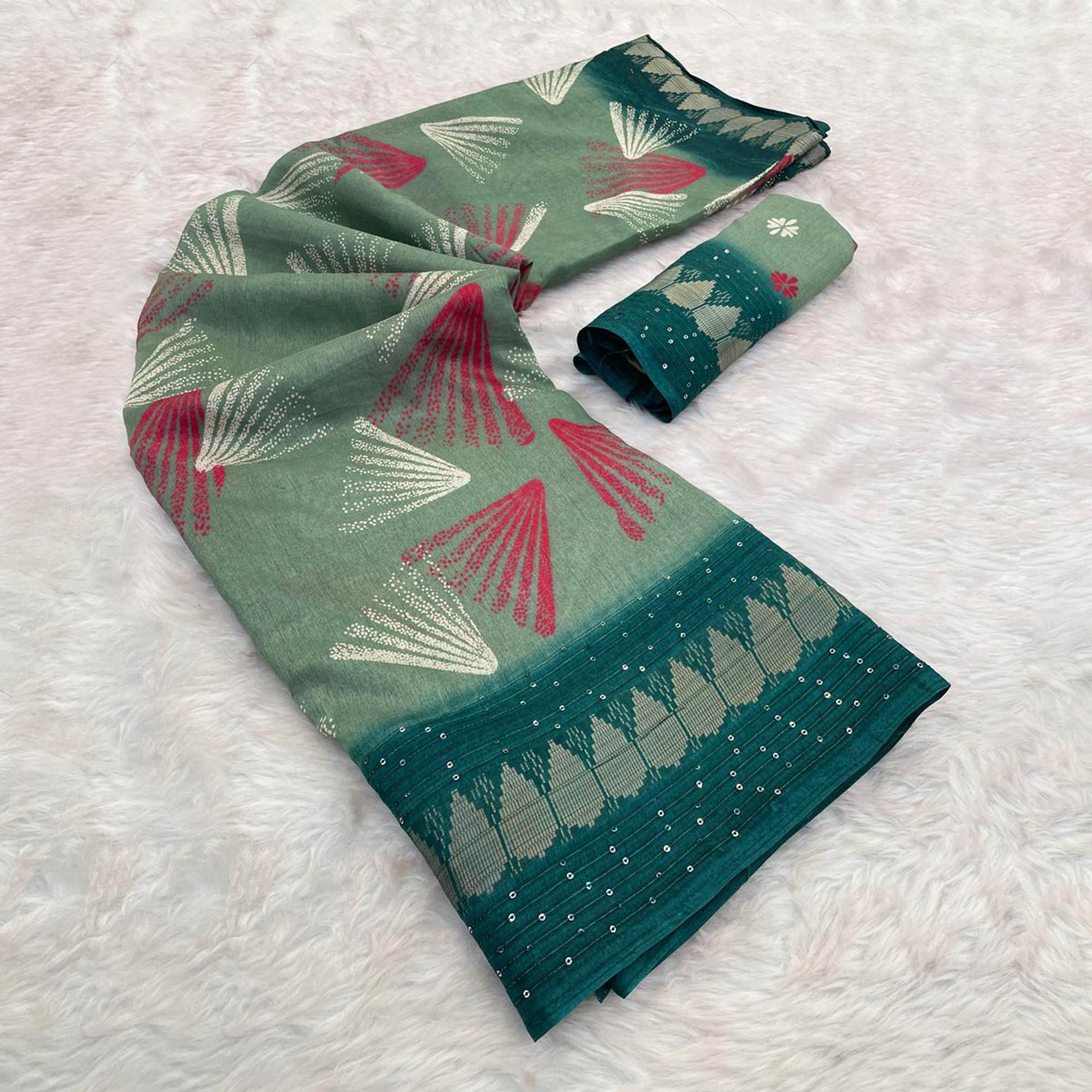 Green Printed Dola Silk Saree with Contrast Woven Border Charm