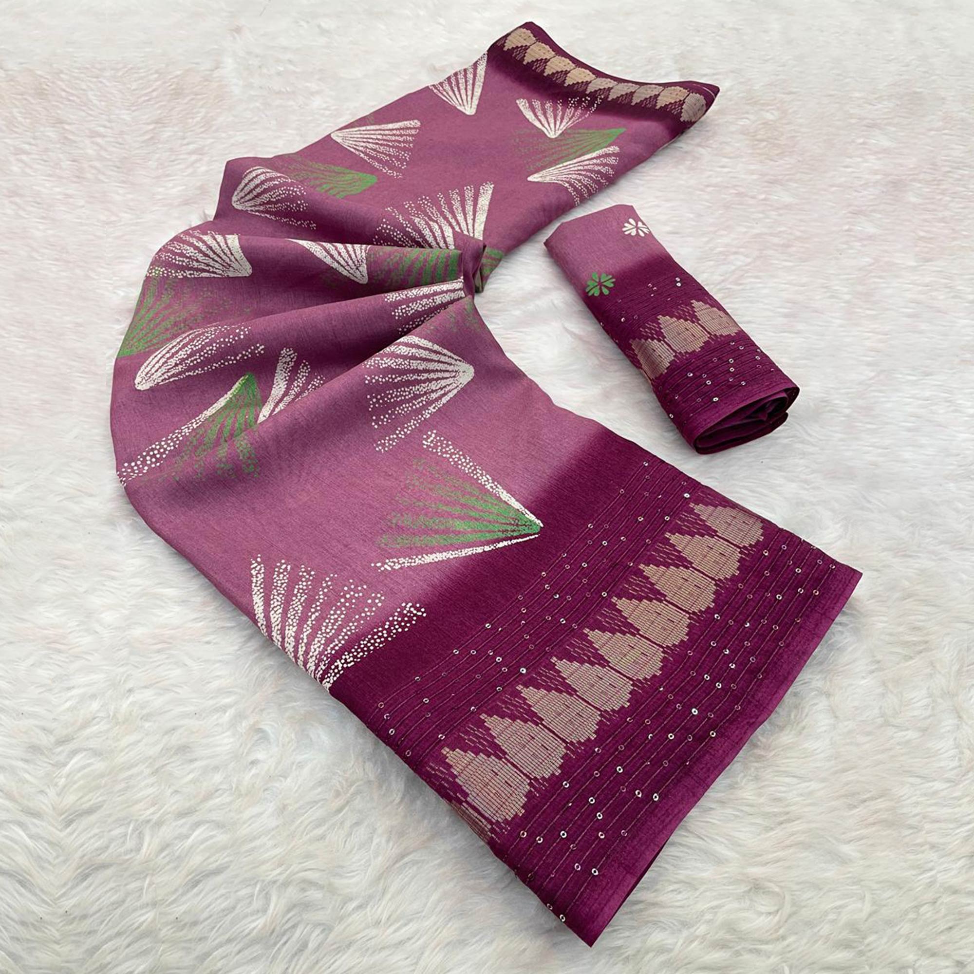 Purple Printed Dola Silk Saree with Contrast Woven Border Charm