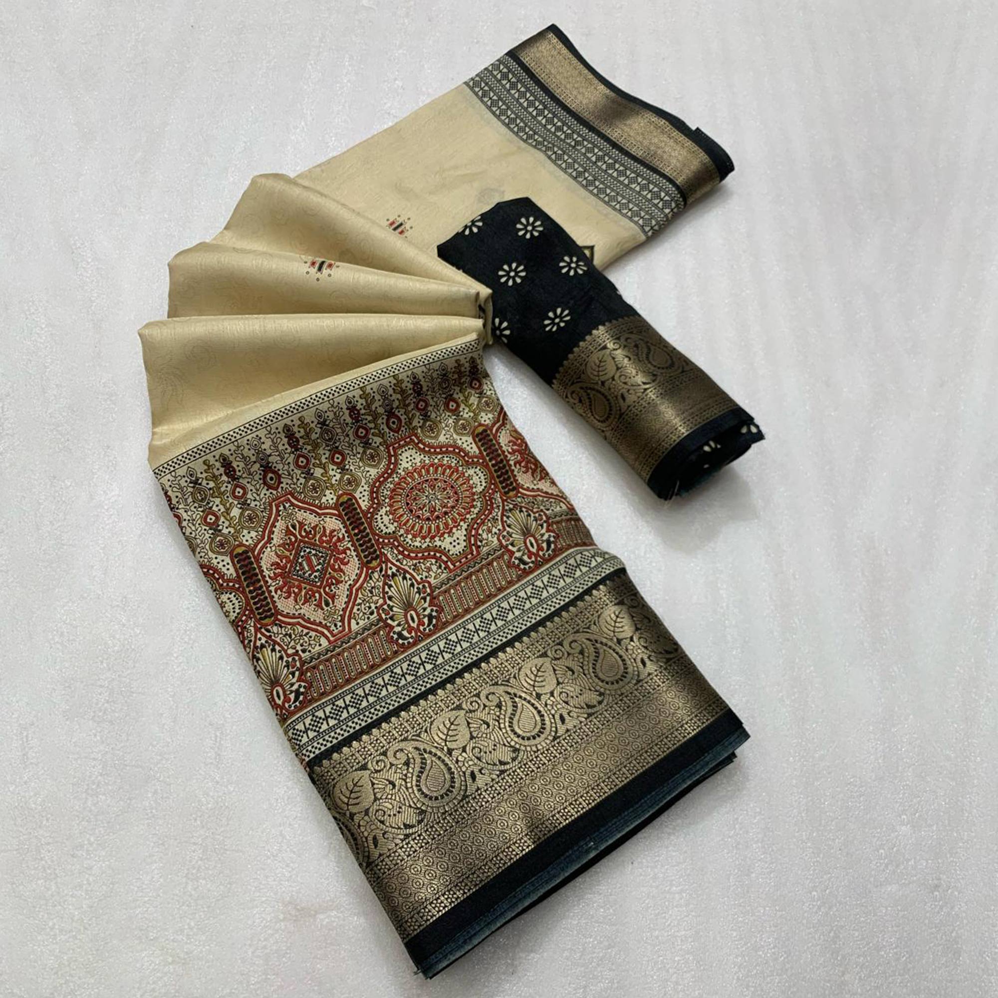 Black Woven Border Saree in Lustrous Dola Silk with Print Accents