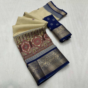 Blue Woven Border Saree in Lustrous Dola Silk with Print Accents