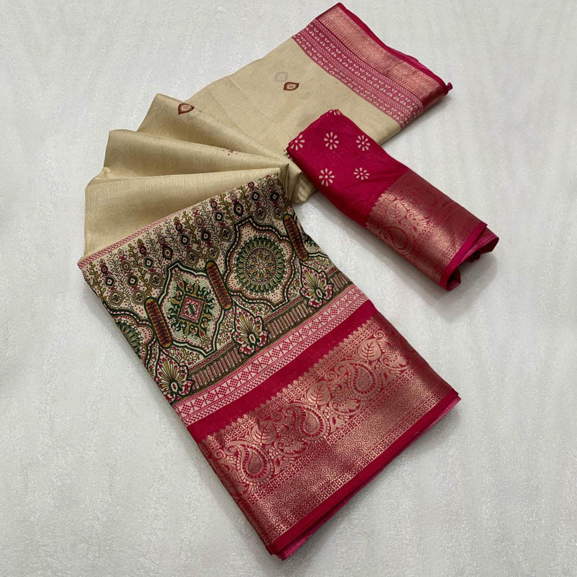 Magenta Woven Border Saree in Lustrous Dola Silk with Print Accents