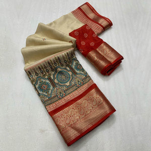 Red Woven Border Saree in Lustrous Dola Silk with Print Accents