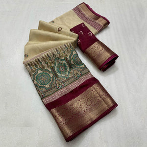 Wine Woven Border Saree in Lustrous Dola Silk with Print Accents
