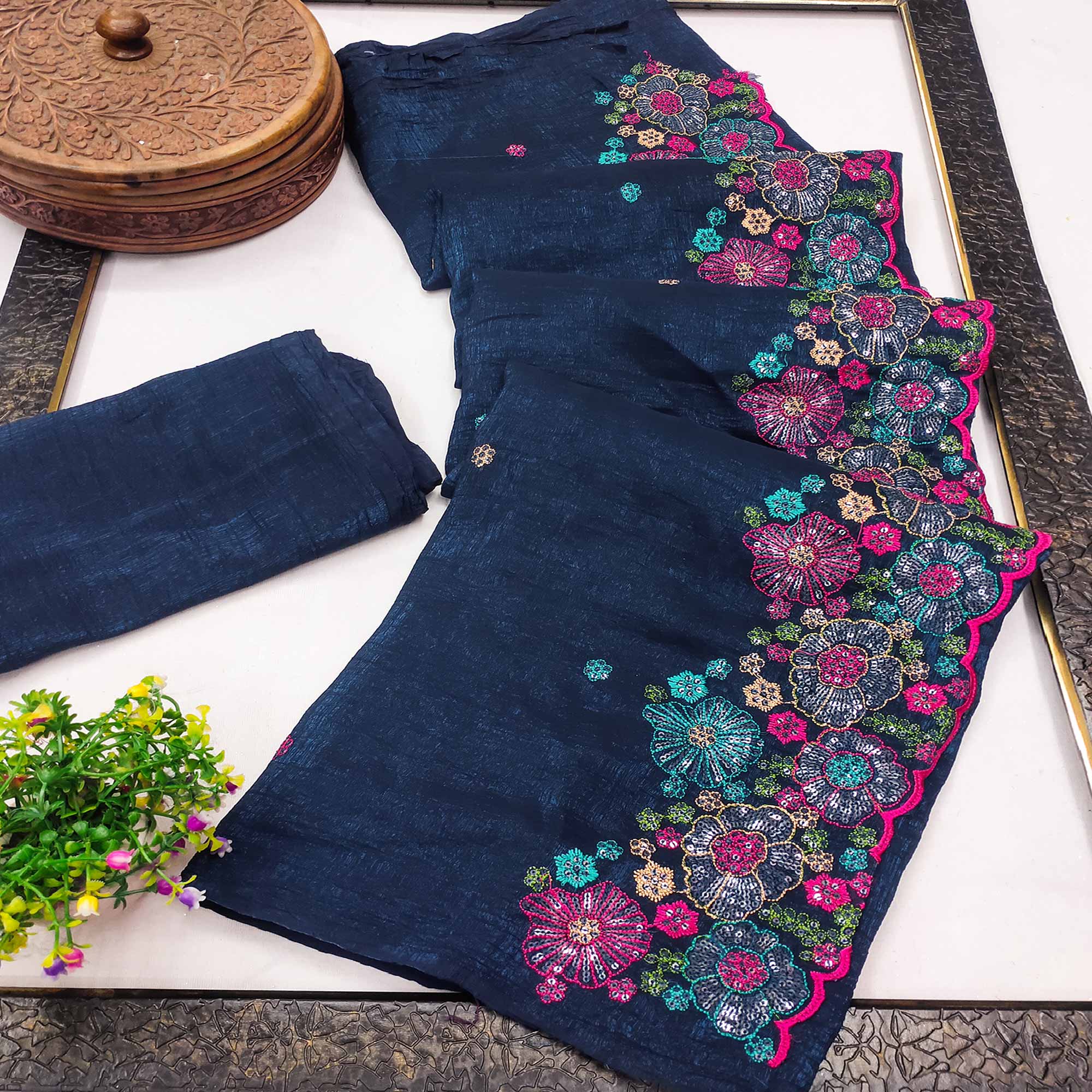 Blue Sheer Chiffon Saree with Artistic Floral Sequins Work